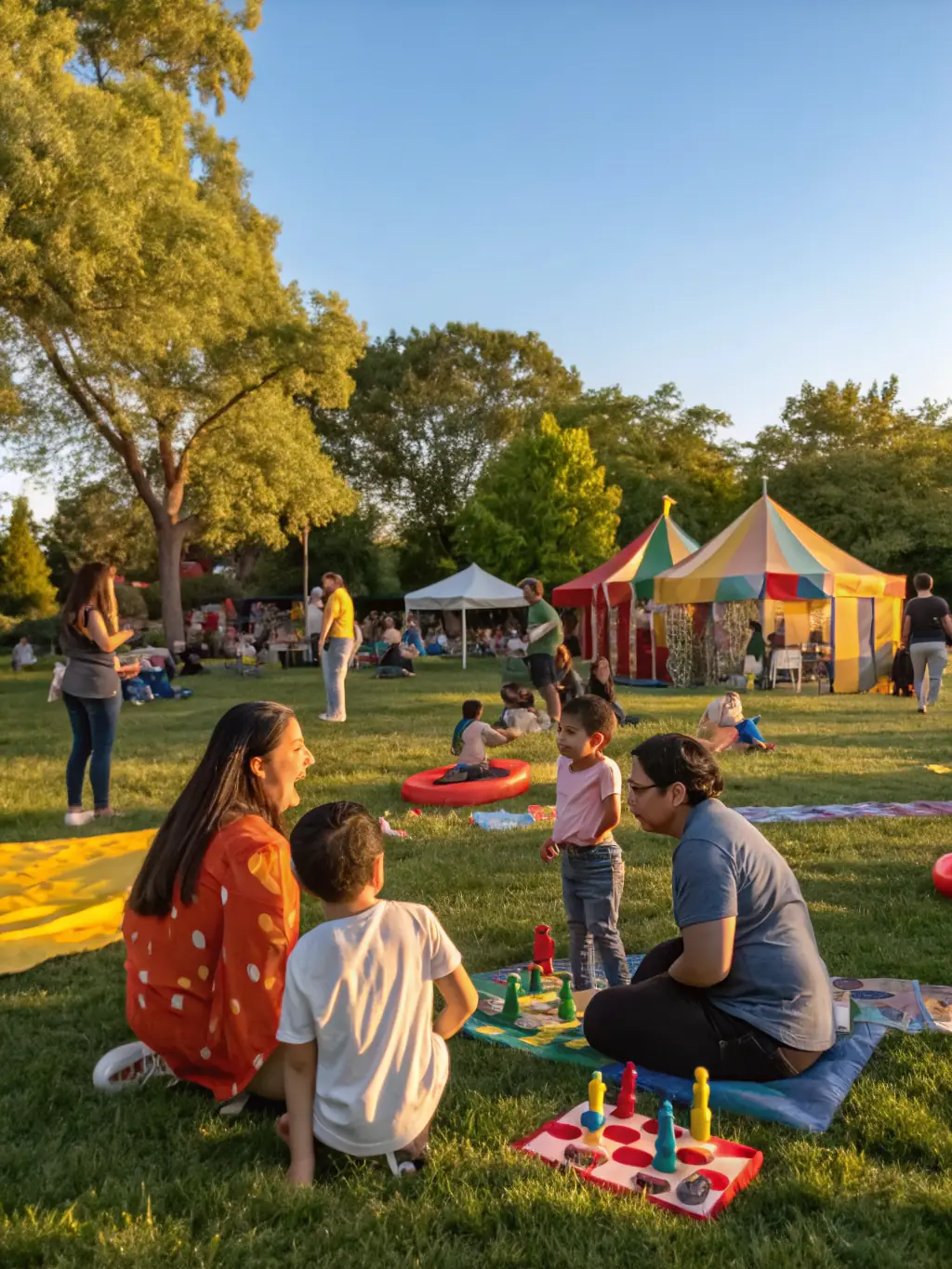 A family participating in a community event, such as a festival or fair, showcasing the organization's role in fostering social connections and family bonding.