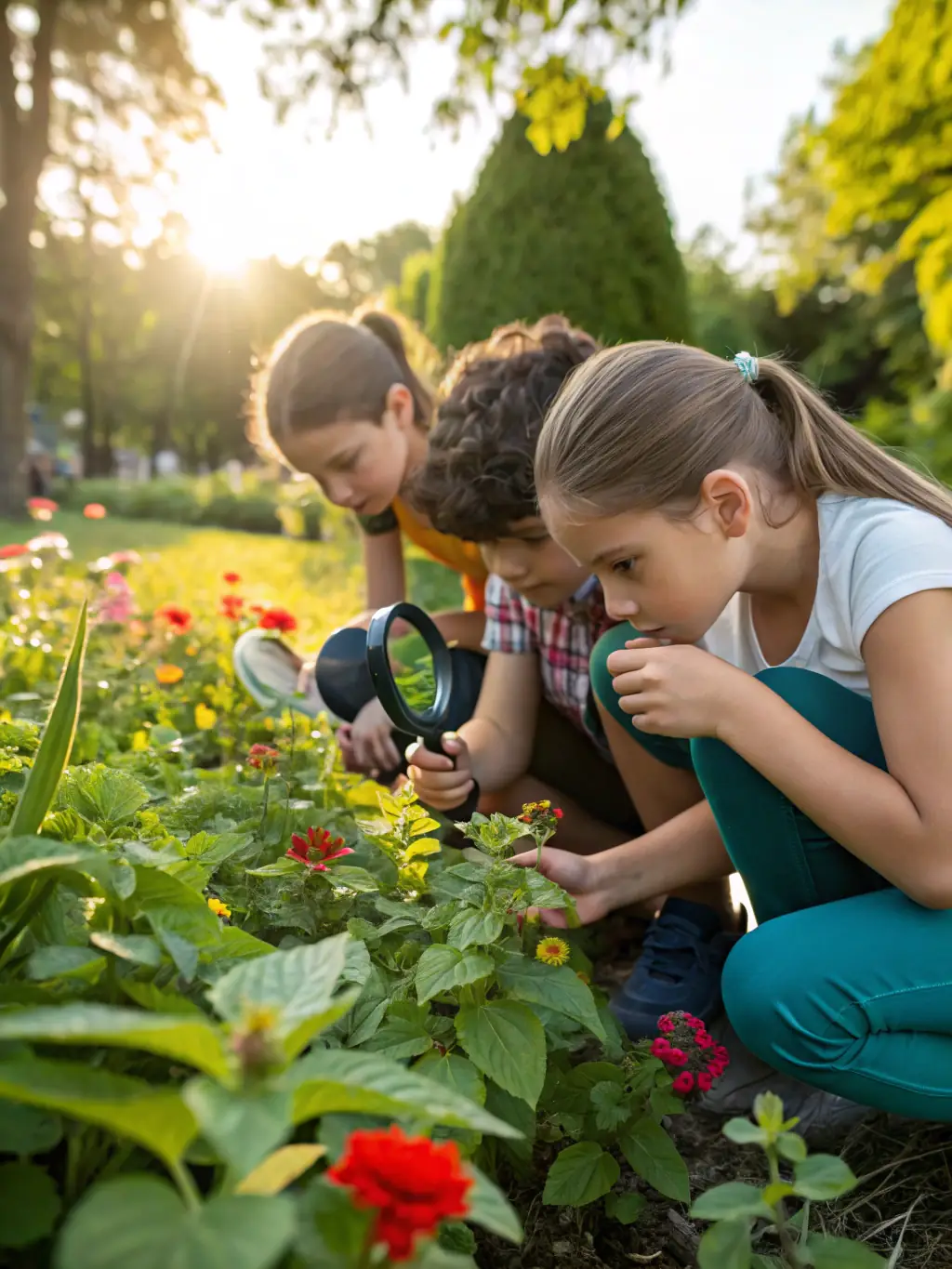 A photograph capturing a group of children participating in an outdoor educational workshop organized by ASSOCIATION FAMILIALE RURALE, showcasing hands-on learning and engagement with nature.