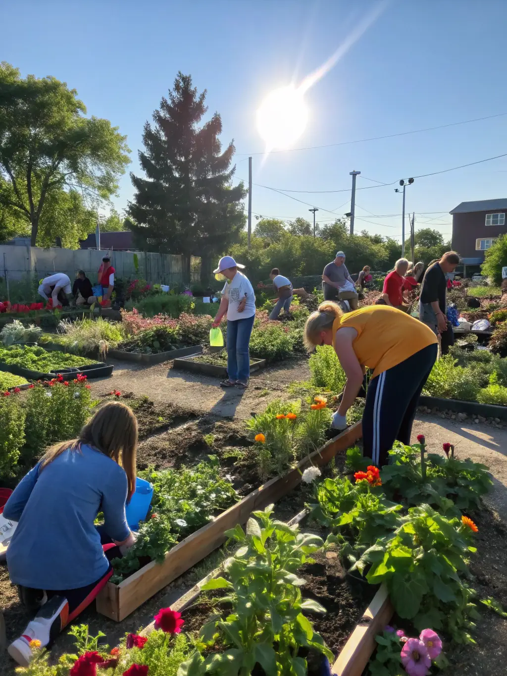 A photo showing families participating in a mutual aid initiative, such as a community garden project, demonstrating collaboration and support within ASSOCIATION FAMILIALE RURALE.