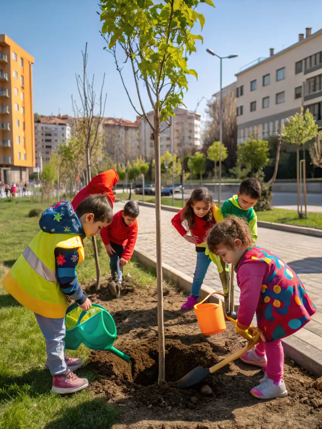 A group of children participating in an outdoor educational activity, such as planting trees, with a focus on hands-on learning and environmental awareness.
