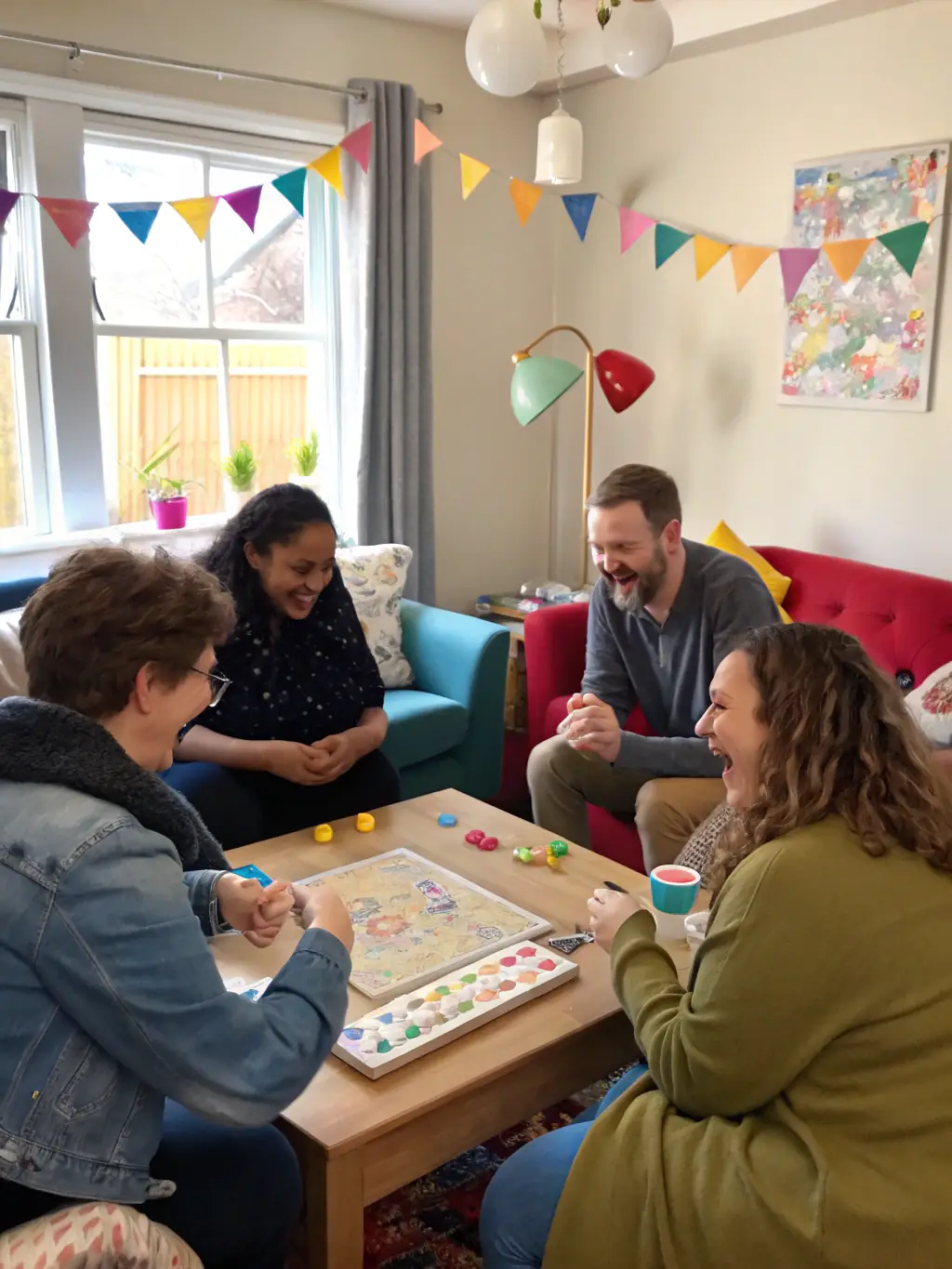 A group of seniors participating in a social activity, such as a book club or a game night, highlighting the organization's commitment to intergenerational connections and social inclusion.